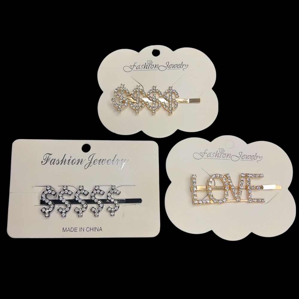 Set‎ of 3 Rhinestone Hair Clips Love Dollar Sign Fashion Jewelry for Women